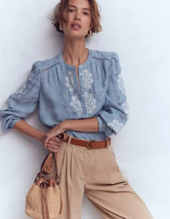 Boden Chemises & Blouses|Tops & T-Shirts-Top brodé à détail Chambray, broderie ivoire