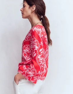 Boden Chemises & Blouses|Tops & T-Shirts-Top Cleo en lin Rouge, motif Ornamental Garden
