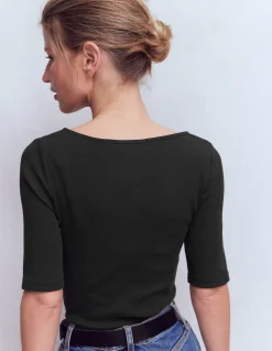 Boden Tops & T-Shirts-Top côtelé à manches courtes et col tunisien Noir