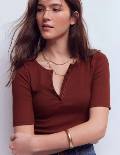 Boden Tops & T-Shirts-Top côtelé à manches courtes et col tunisien Marron grillé