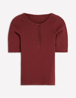 Boden Tops & T-Shirts-Top côtelé à manches courtes et col tunisien Marron grillé