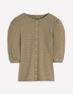 Boden Tops & T-Shirts-Top côtelé Evie à manches bouffantes Terreau, rayé ivoire