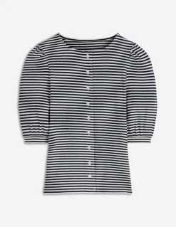 Boden Tops & T-Shirts-Top côtelé Evie à manches bouffantes Ivoire, rayé bleu marine
