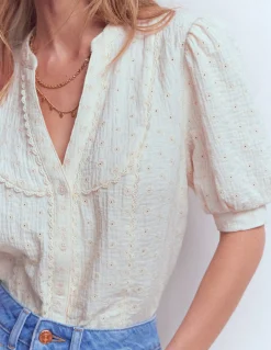 Boden Chemises & Blouses|Tops & T-Shirts-Top double-étoffe à détails dentelle Broderie Anglaise Ivoire