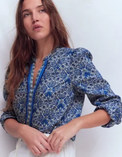 Boden Chemises & Blouses|Tops & T-Shirts-Top en lin à détails intégrés Bleu, motif Elaborate Terrace
