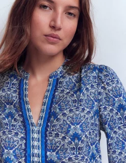 Boden Chemises & Blouses|Tops & T-Shirts-Top en lin à détails intégrés Bleu, motif Elaborate Terrace