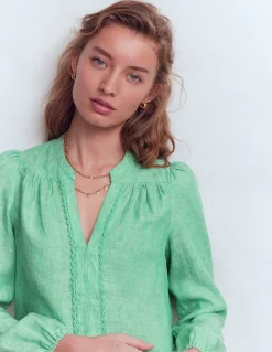 Boden Chemises & Blouses|Tops & T-Shirts-Top en lin à détails intégrés Chambray vert aloe vera
