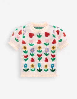 Boden Pulls & Gilets|Ensembles Assortis-Top en maille à volants Motif Sunflower Garden écru chiné