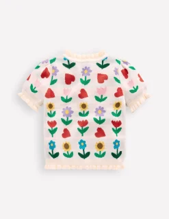 Boden Pulls & Gilets|Ensembles Assortis-Top en maille à volants Motif Sunflower Garden écru chiné
