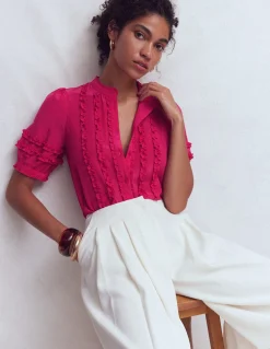 Boden Chemises & Blouses|Tops & T-Shirts-Top en soie à manches courtes et volants Rose éclatant