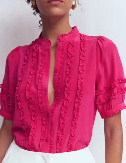 Boden Chemises & Blouses|Tops & T-Shirts-Top en soie à manches courtes et volants Rose éclatant