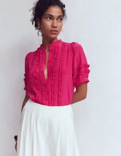 Boden Chemises & Blouses|Tops & T-Shirts-Top en soie à manches courtes et volants Rose éclatant