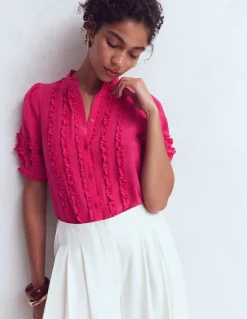 Boden Chemises & Blouses|Tops & T-Shirts-Top en soie à manches courtes et volants Rose éclatant