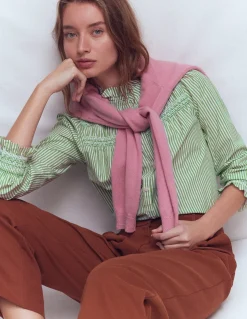 Boden Chemises & Blouses|Tops & T-Shirts-Top Esme à smocks et volants Vert des Highlands, rayé ivoire