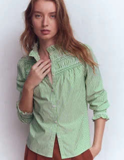 Boden Chemises & Blouses|Tops & T-Shirts-Top Esme à smocks et volants Vert des Highlands, rayé ivoire