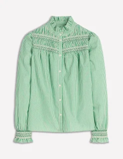 Boden Chemises & Blouses|Tops & T-Shirts-Top Esme à smocks et volants Vert des Highlands, rayé ivoire