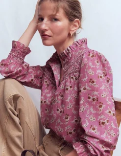 Boden Chemises & Blouses|Tops & T-Shirts-Top Esme à smocks et volants Rose, motif Dainty Blooms