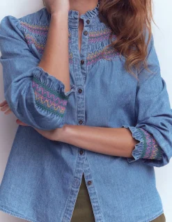 Boden Chemises & Blouses|Tops & T-Shirts-Top Esme en jean à smocks et volants Authentique clair