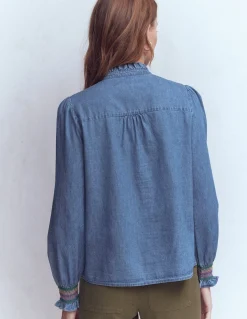 Boden Chemises & Blouses|Tops & T-Shirts-Top Esme en jean à smocks et volants Authentique clair