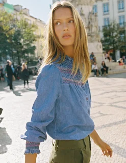 Boden Chemises & Blouses|Tops & T-Shirts-Top Esme en jean à smocks et volants Authentique clair