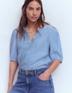Boden Chemises & Blouses|Tops & T-Shirts-Top manches courtes Leah en lin Chambray Bleu