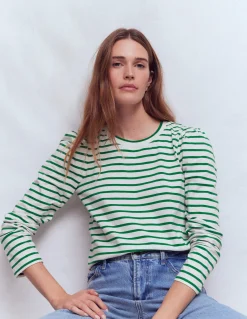 Boden Tops & T-Shirts-Top rayé à manches plissées Rayé vert joyau et ivoire