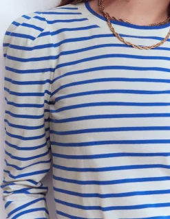 Boden Tops & T-Shirts-Top rayé à manches plissées Rayé Beaucoup blue et ivoire
