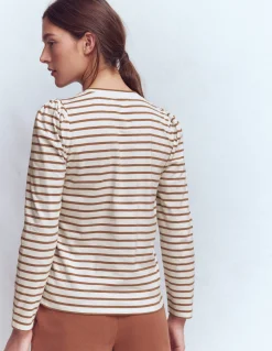 Boden Tops & T-Shirts-Top rayé à manches plissées Rayé gingembre et ivoire