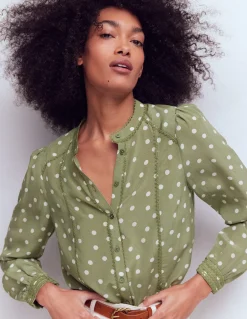 Boden Chemises & Blouses|Tops & T-Shirts-Top Rhéa en soie à détails Vert mélèze, pois peints
