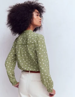 Boden Chemises & Blouses|Tops & T-Shirts-Top Rhéa en soie à détails Vert mélèze, pois peints