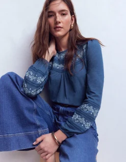 Boden Tops & T-Shirts-Top Rosie brodé en jersey Bleu marine authentique