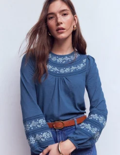 Boden Tops & T-Shirts-Top Rosie brodé en jersey Bleu marine authentique