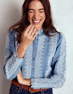 Boden Chemises & Blouses|Tops & T-Shirts-Top Savannah à broderie anglaise Bleu chambray