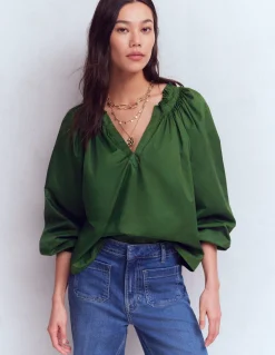 Boden Chemises & Blouses|Tops & T-Shirts-Top Serena à col plissé Sapin vert