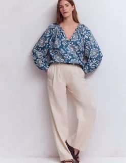 Boden Chemises & Blouses|Tops & T-Shirts-Top Serena à col plissé Bleu, motif Decorative Blossom