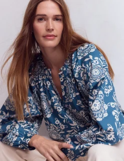 Boden Chemises & Blouses|Tops & T-Shirts-Top Serena à col plissé Bleu, motif Decorative Blossom