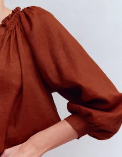 Boden Chemises & Blouses|Tops & T-Shirts-Top Serena en lin à col plissé Henné brûlé