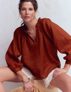 Boden Chemises & Blouses|Tops & T-Shirts-Top Serena en lin à col plissé Henné brûlé