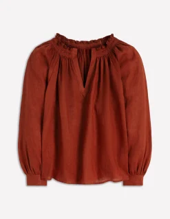 Boden Chemises & Blouses|Tops & T-Shirts-Top Serena en lin à col plissé Henné brûlé