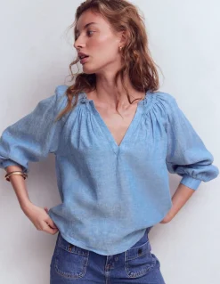 Boden Chemises & Blouses|Tops & T-Shirts-Top Serena en lin à col plissé Bleu chambray