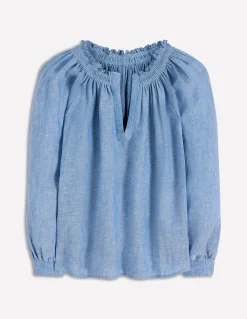 Boden Chemises & Blouses|Tops & T-Shirts-Top Serena en lin à col plissé Bleu chambray