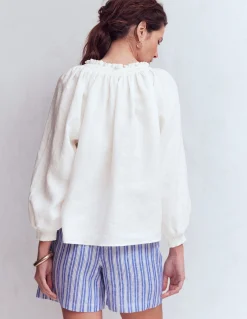 Boden Chemises & Blouses|Tops & T-Shirts-Top Serena en lin à col plissé Blanc