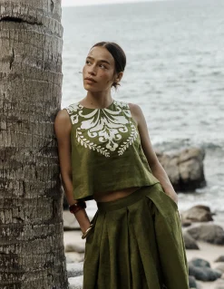 Boden Chemises & Blouses|Tops & T-Shirts-Top Sofia brodé en lin Vert des bois