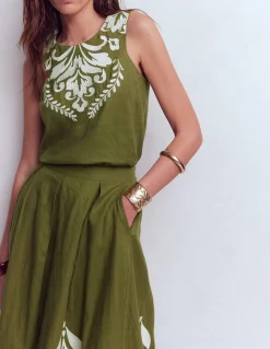 Boden Chemises & Blouses|Tops & T-Shirts-Top Sofia brodé en lin Vert des bois