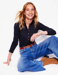 Boden Tops & T-Shirts-Top ultra-doux à col tunisien et volants Bleu Marine, Petits Pois