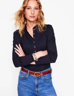 Boden Tops & T-Shirts-Top ultra-doux à col tunisien et volants Bleu Marine, Petits Pois