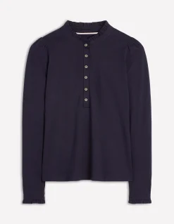 Boden Tops & T-Shirts-Top ultra-doux à col tunisien et volants Bleu Marine, Petits Pois