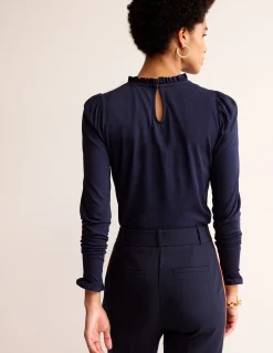 Boden Tops & T-Shirts-Top volanté ultra-doux Bleu Marine, Petits Pois