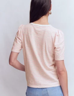 Boden Tops & T-Shirts-T-shirt à manches plissées Rayé rose formica et ivoire