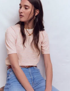 Boden Tops & T-Shirts-T-shirt à manches plissées Rayé rose formica et ivoire